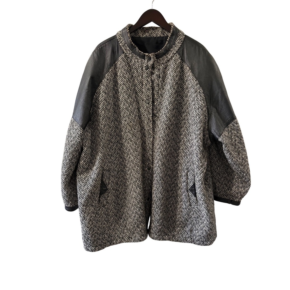 Womens Herringbone Tweed Jacket Faux Leather Trim Collar Button Front Vintage